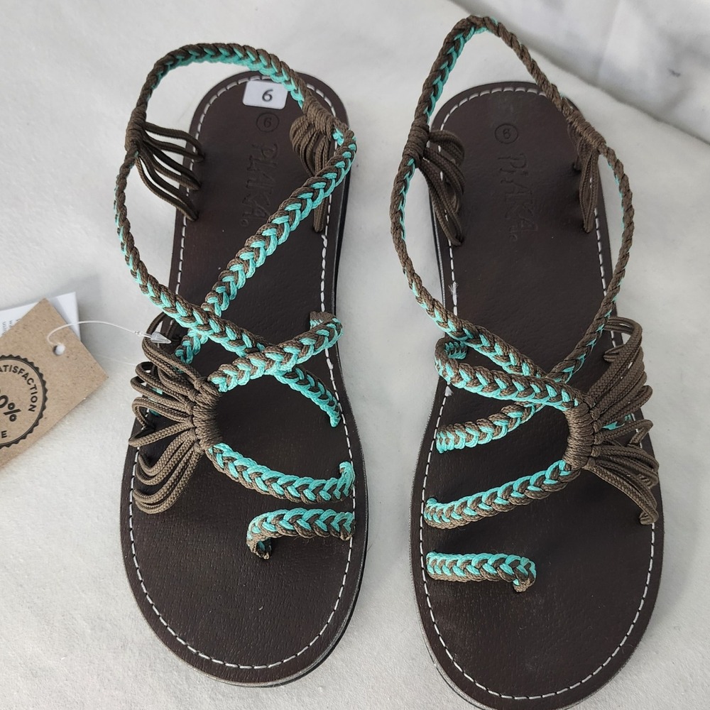 Plaka Braided Thong Sandals Women's Size 9 Brown Teal Ankle Strap - Picture 2 of 4